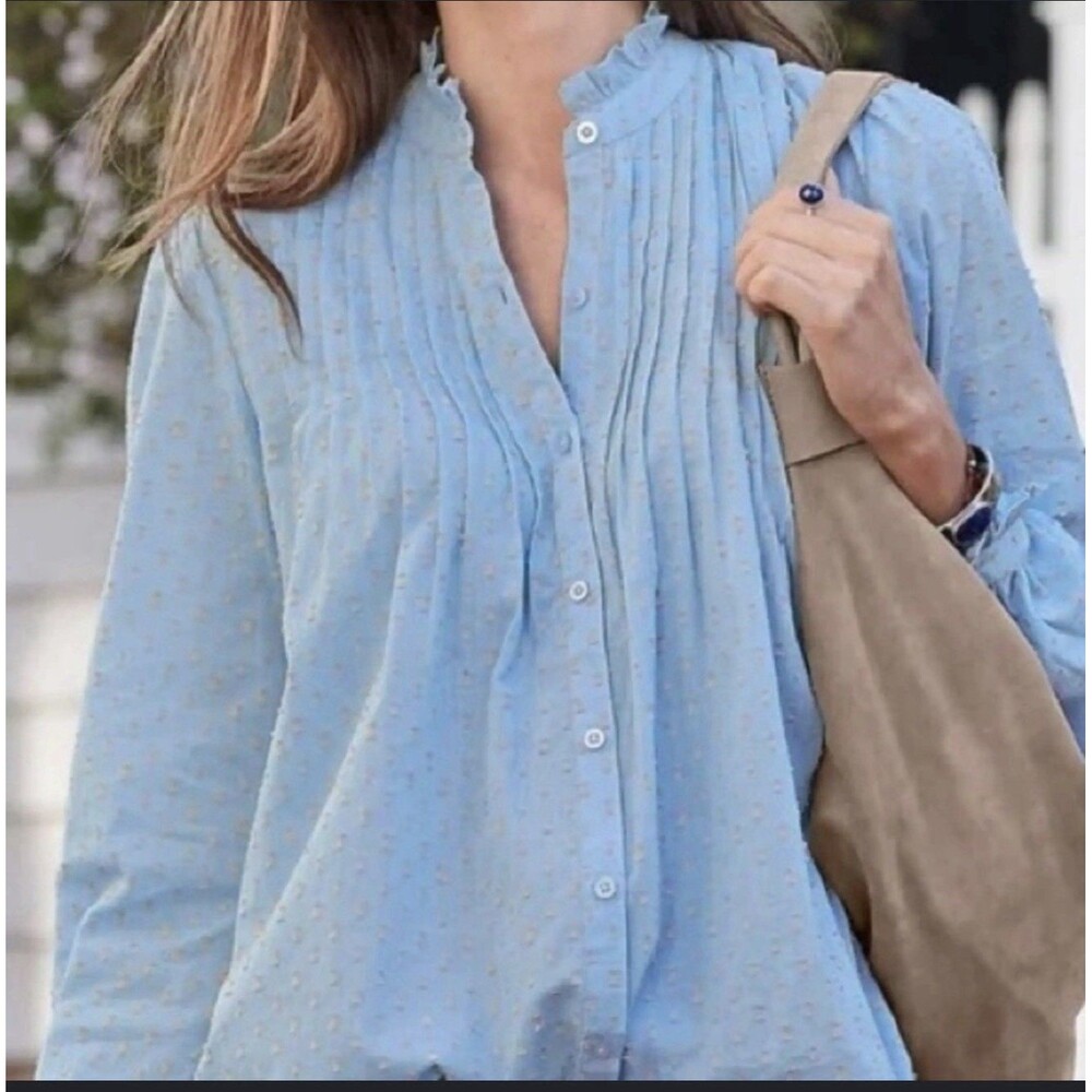 Sundance Philipa Pintuck Swiss Dot Blue Blouse Ruffle Trim Top Sz M peasant boho - Picture 3 of 11